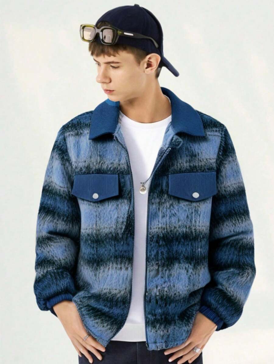 Teenagers Boys Casual Textured Ombre Floral Patch Pocket Minimalist Versatile Jacket, Suitable For Autumn/Winter Daily Wear - Multicolor - View 1