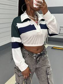 SHEIN Slayr Sudadera recortada informal con cuello de polo a rayas, mangas largas y hombros caídos para mujer, primavera/otoño