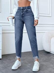 EURMUSE 100Cotton Ladies' Distressed Frayed Hem Navy Blue Jeans Everyday Summer Casual Streetwear - Medium Wash - View 6