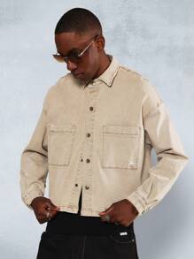 SUMWON Cropped Washed Denim Long Sleeve Shirt With Back Graphic Print - Khaki - View 2