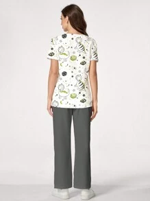 PopScrub Cute Cartoon Simple Space Dinosaur Print V-Neck Short Sleeve Top With Pockets & Split Hem, Nurse Uniform Scrub Set