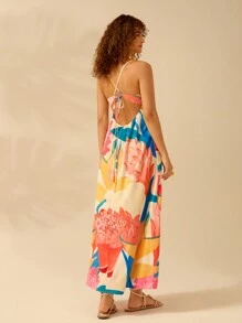 CAJUNI Boho Colorful Tropical Plant Print Sleeveless Sling, Hollow-Out Back Tie Long Dress, Casual Beach Holiday Summer Dress For Women