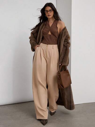 COSMINA Pantalones anchos casuales de mujer de unicolor con pliegues, bolsillo y cremallera