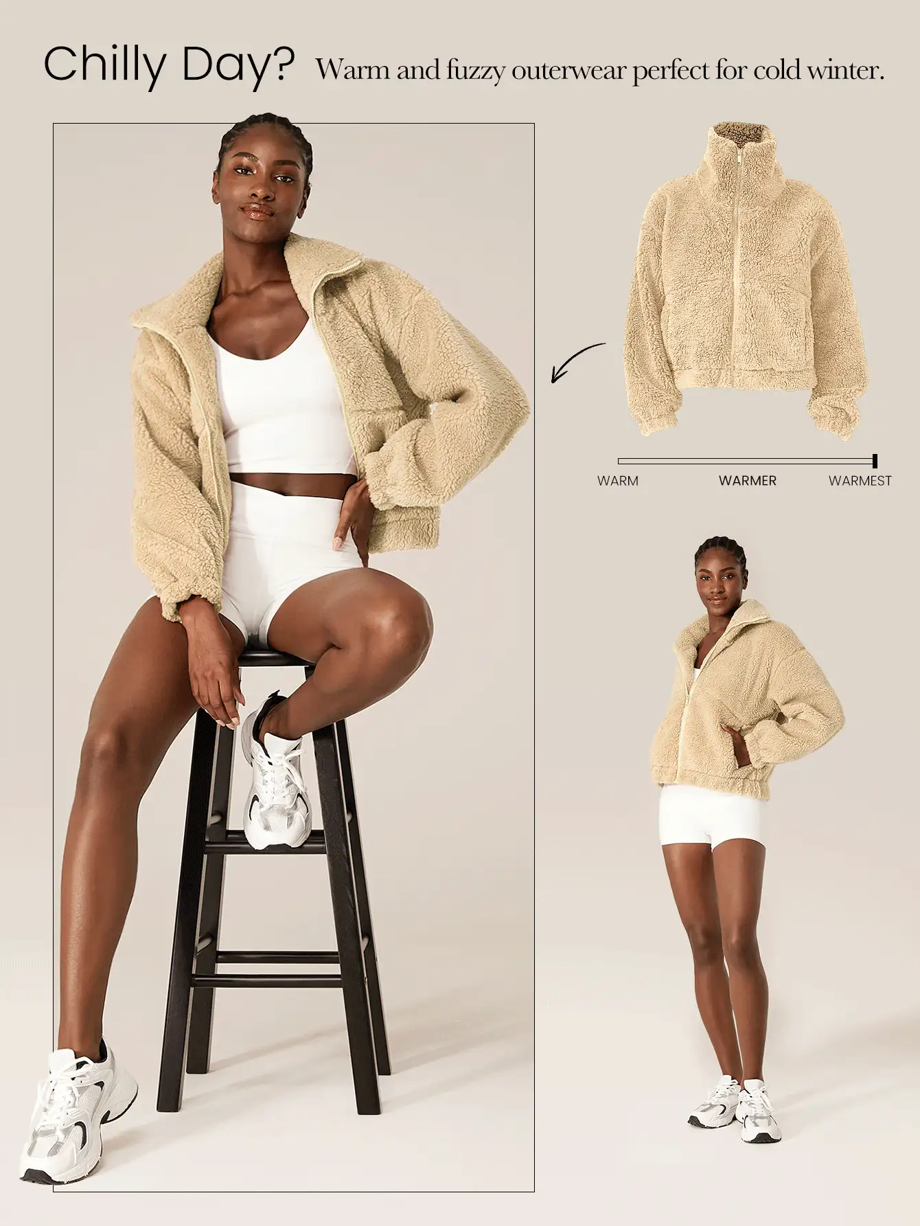 GLOWMODE Cozy Thick Polar Fleece Soft Warm Loose Fit Super High Collar Elastic Hem Jacket With Side Pockets Daily Casual Winter - Camel - View 7