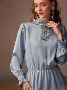 MOTF PREMIUM WOMEN SEQUIN AND BEADED APPLIQUES DETAIL FRILL MOCK NECK FLARE SLEEVE BLOUSE - Baby Blue - View 7