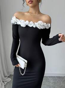 Chiquease Vestido ajustado con decoración floral y escote barco para mujer, elegante para otoño/invierno