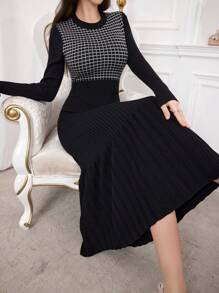 Modelyn Women Casual Elegant Plaid Patchwork Fish Tail Hem Sweater Dress, Suitable For Autumn And Winter