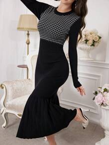 Modelyn Women Casual Elegant Plaid Patchwork Fish Tail Hem Sweater Dress, Suitable For Autumn And Winter