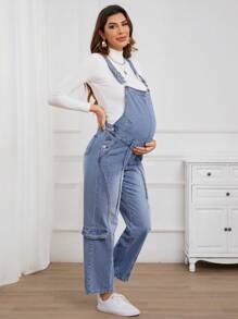 SHEIN Peto vaquero casual y lavado para maternidad para uso diario - Azul lavado medio - Ver 4