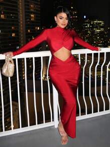 SHEIN SXY Vestido de cóctel rojo para discoteca, fiesta de gala, otoño/invierno - Rojo - Ver 3