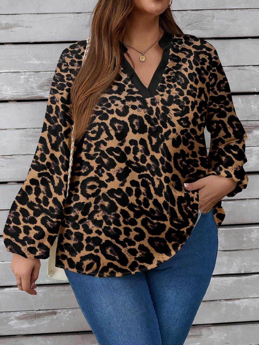 EMERY ROSE Camisa holgada de manga larga con cuello en V para mujer talla grande de estampado de leopardo minimalista casual, adecuada para otoño/invierno - Negro - Ver 1
