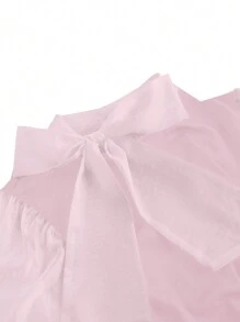 Flirla Blusa de manga abullonada con cuello alto, decorada con moño, unicolor elegante, talla grande, para otoño - Rosa - Ver 3