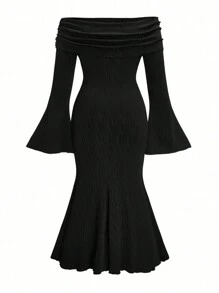 Flirla Plus Size Off Shoulder Fishtail Midi Dress With Drawstring, Flared Sleeves, Stretchy Elegant Vintage - Black - View 2