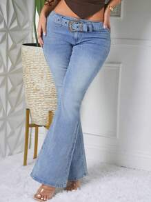 SHEIN SXY Women's Fashion Flare Leg Jeans With Eyelet Buckle Design - Light Wash - View 4