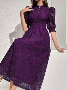 Modelyn Women Button Design Lace Puff Sleeve Cinched Waist Elegant Long Dress Maxi Women Outfit Long Evening Dresses - Purple - View 7