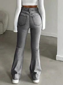 EURMUSE 98%Cotton High-Waist Original Boot Cut Jeans - Grey - View 2