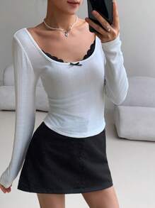 EastFlair 女士撞色蕾丝蝴蝶结长袖 T 恤，秋季女装 - 白色 - 查看 3