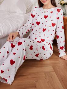 Heart Print Textured Ribbed Long Sleeve Top And Long Pants Pajama Set - Red - View 6
