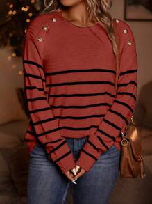 SHEIN LUNE Plus Size Crew Neck Long Sleeve Button Decor Casual Knitted Pullover Sweater Fall Winter - Red - View 5