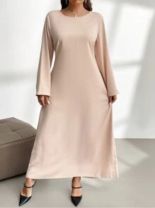 SHEIN Privé Plus Size Elegant & Vintage Taffeta Cape Poncho Jacket & Long Sleeve Straight Hem Dress Set, Autumn/Winter - Apricot - View 7