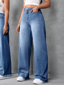 SHEIN Tall Women's Blue Denim Loose Fit Trousers Loose Straight Leg Pants Back To School First Day Of School Women Jeans Baggy Women Pants Women Bottoms Fall Women Y2K - Medium Wash - View 3