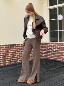 Jouncy Women's Solid Color Simple Casual Pants - Coffee Brown - View 5