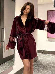 DAZY Elegant & Sexy Velvet & Mesh Contrast Robe - Burgundy - View 1