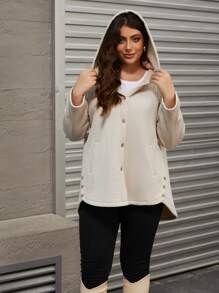Mulvari Plus Size Casual Front Button Hooded Coat, Autumn Fall Clothes - Beige - View 4