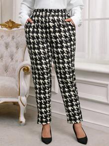 EMERY ROSE Plus Size Winter Women's Casual Commuter Houndstooth Print Tapered Pants,Elegant For Women