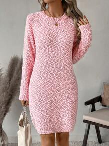 SHEIN LUNE Vestido de suéter casual de unicolor, cuello redondo, manga larga y bajo recto para mujer, otoño/invierno