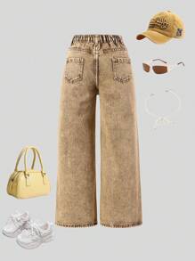 SHEIN 1pc Tween Girl Oversized Heart Embroidery Relaxed Fit Wide Leg Jeans, School, Campus, College - Coffee Brown - View 2