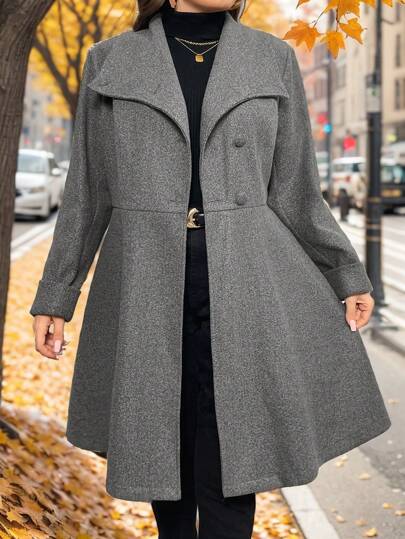 SHEIN Privé Abrigo de lana asimétrico de corte en A color gris oscuro para mujer de talla grande, adecuado para viajes sencillos y citas elegantes en otoño e invierno