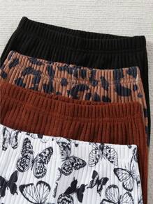 4pcs Young Girl Casual Multi-Color Butterfly & Leopard Print, Solid Color Versatile Flared Pants, Suitable For Spring & Autumn - Multicolor - View 3