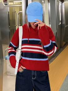GENKIRA Áo len chui đầu kẻ sọc tương phản phía trước dáng rộng thoải mái, màu đỏ - Nhiều màu - Xem 6