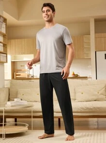Conjunto de ropa de hogar para hombres con top de cuello redondo y pantalones de unicolor, simple y cómodo