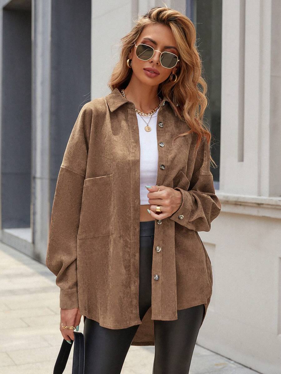 Louniche Chaqueta casual de unicolor para mujer con mangas largas, hombros caídos, abotonadura sencilla y bolsillo, para otoño - Caqui - Ver 1