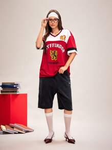 HARRY POTTER X SHEIN Unisex Casual Loose Knit Gryffindor Graphic Colorblock V-Neck Short Sleeve T-Shirt, For Christmas - Red - View 4