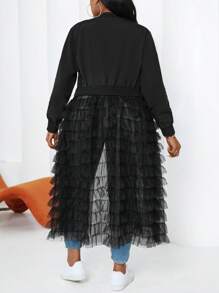 Maweii Plus Size Solid Color Mesh Contrast Long Jacket, Fashionable For Autumn - Black - View 7