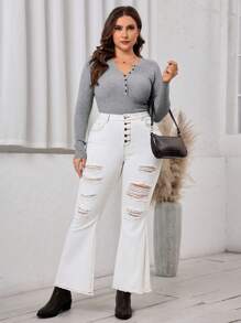 SHEIN LUNE Plus Size Women Denim Flared Jeans With Buttons, Pockets And Distressed Detail - White - View 4