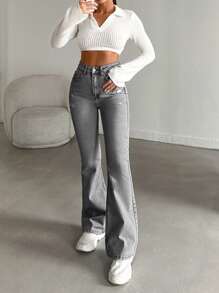 EURMUSE 98%Cotton High-Waist Original Boot Cut Jeans - Grey - View 5