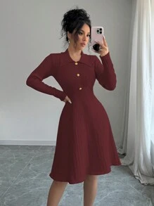 Elenzga Women Fall Casual Solid Color Fitted Waist A-Line Sweater Dress - Burgundy - View 6