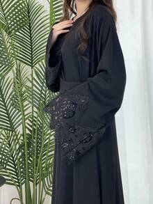 1 Piece Fashion Ladies A-Line Cuff Lace Arabic Traditional Solid Color Casual Dress Jalabeya Robe Spring Black - Black - View 4