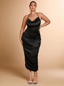 SHEIN BAE 秋季大码优雅性感黑色露背褶皱缎面中长连衣裙夏季派对礼服 - 黑色 - 查看 5