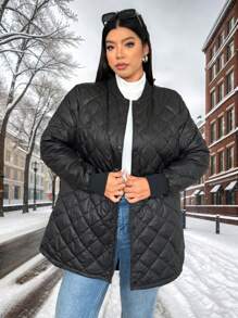 SHEIN EZwear Áo khoác lông vũ chần bông màu đen cỡ lớn cho nữ và lông vũ cho mùa đông - màu đen - Xem 4
