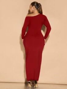 SHEIN BAE Váy dài tay xếp ly lệch vai màu đen cỡ lớn mùa thu thanh lịch và gợi cảm thích hợp cho các buổi đi chơi hàng ngày, hẹn hò và đi làm Quần áo mùa thu cho phụ nữ - Đỏ - Xem 2