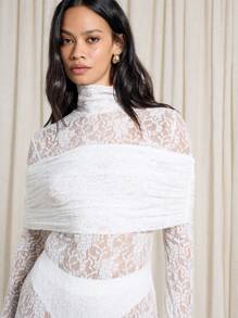 AiiRZ Sheer Lace High Neck Long Sleeve Side Slit Midi Dress - White - View 5