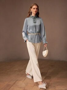 MOTF PREMIUM WOMEN SEQUIN AND BEADED APPLIQUES DETAIL FRILL MOCK NECK FLARE SLEEVE BLOUSE - Baby Blue - View 5