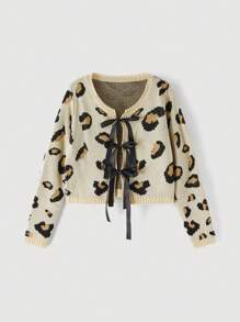 SHEIN MOD 豹纹针织开衫，正面带蝴蝶结，秋冬毛衣，毛衣，冬季女装，女士开衫，感恩节 - 彩色 - 查看 1