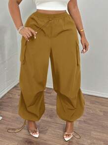 Slaydiva 大码休闲街头风工装降落伞裤，带口袋 - 芥末黃 - 查看 3