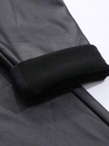 SHEIN Clasi PU Velvet And Solid Velvet Leggings - Suitable As Base Layer For Autumn/Winter - Black - View 7